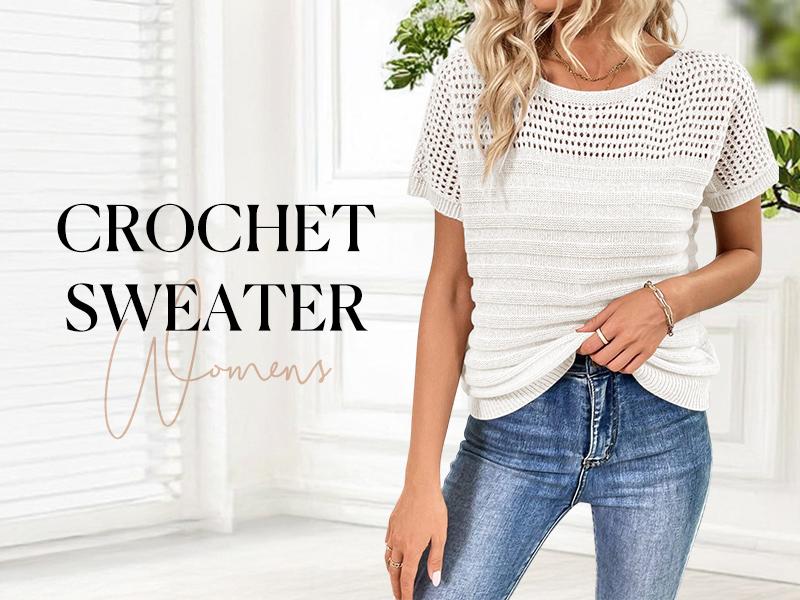Shewin Women's Hollow Out Knit Sweater, Short Sleeve Crew Neck Pullover, Casual & Minimalist Style, Soft Acrylic Fabric, Summer Wear,back to school,back to school shopping,clothes for back to school,first day of school outfits