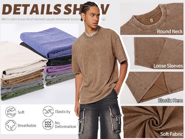 Arssm 5 Pack Acid Wash Unisex Oversized Cotton T-Shirt Crew Neck Half Short Sleeve Summer Top Casual Loose Fit Solid Streetwear Comfortable Tees
