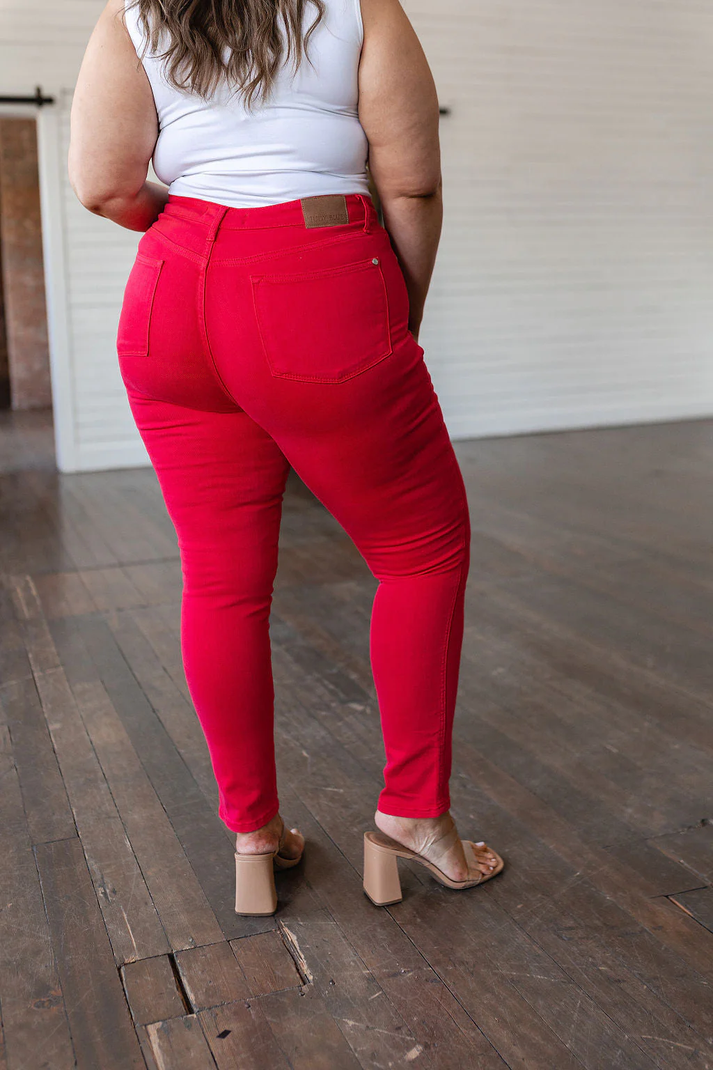 Blue Ruby High Rise Control Top Garment Dyed Skinny Jeans in Red