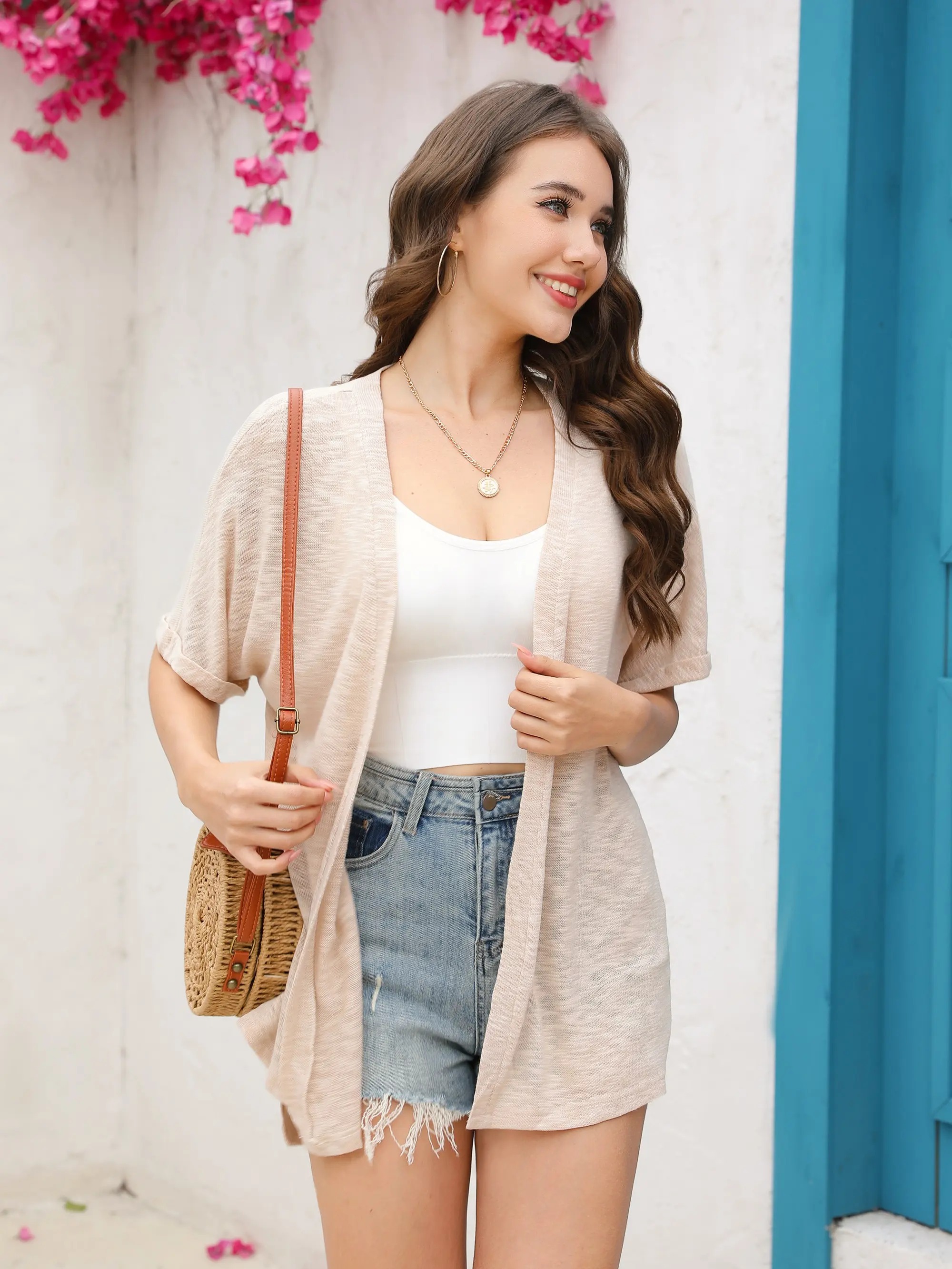 Women's Oversized Short Sleeve Open Front Knit Cardigan Lightweight Summer Beach Cover Up Casual Batwing Knit Top