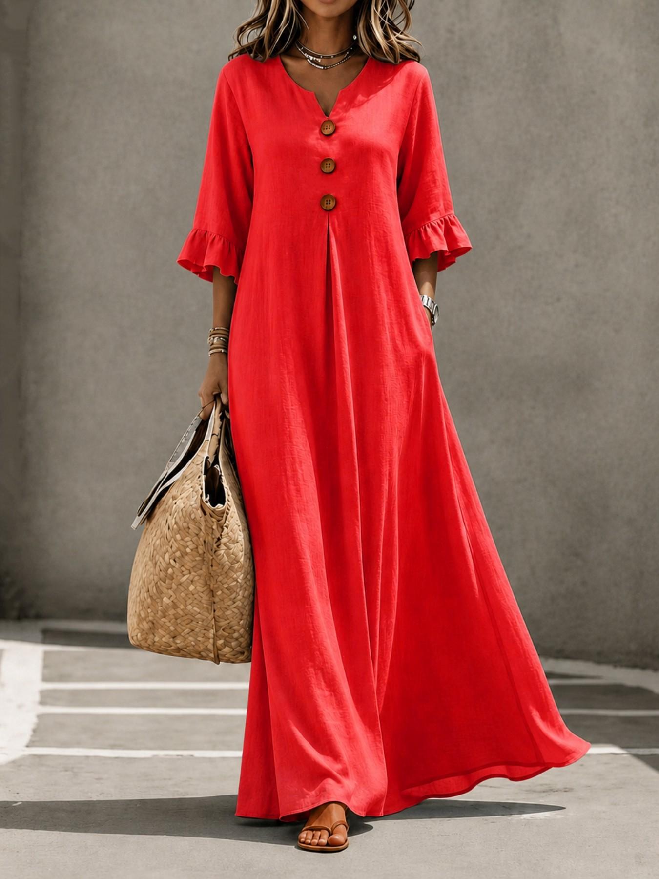 Women's Boho Aesthetic Style Solid V-Neck Dress with Wooden Buttons and Ruffle Sleeves, Loose-Fit A-Line Skirt, Fall & Winter Casual Wear Women's Boho Aesthetic Style Solid V-Neck Dress with Wooden Buttons and Ruffle Sleeves, Loose-Fit A-Line Skirt, Fall & Winter Casual Wear