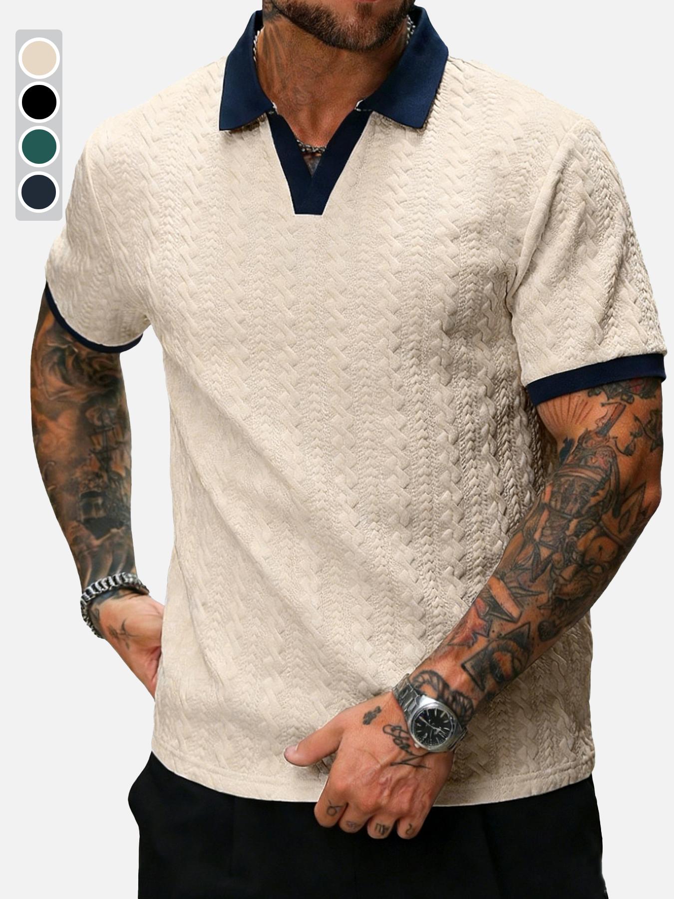 CasualCool men&rsquo;s contrast color short-sleeve casual commuter polo shirt; men&rsquo;s knitted polo shirt; cream polo shirt; men&rsquo;s V-neck knitted shirt; men&rsquo;s short-sleeve sweater polo; men&rsquo;s textured polo shirt; old money style tiktokshopspringglowup,summervibes