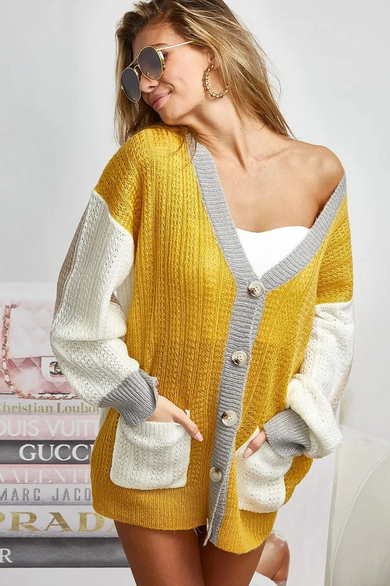 Color Block Sweater Cardigan with Button Closure