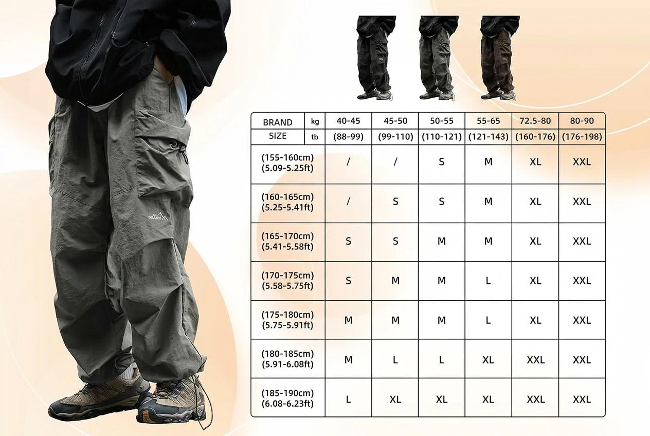 【CREATORS PICK】CAONAT Black Loose-Fit Baggy Cargo Pants for Men, Lightweight Water-Resistant Parachute Trousers with Elastic Waist and Pockets for Gorpcore Streetwear, Fashion Apparel, Mens Clothing, Baggy Pants,  Machine Washable, Baggy Cut, Hip-Hop