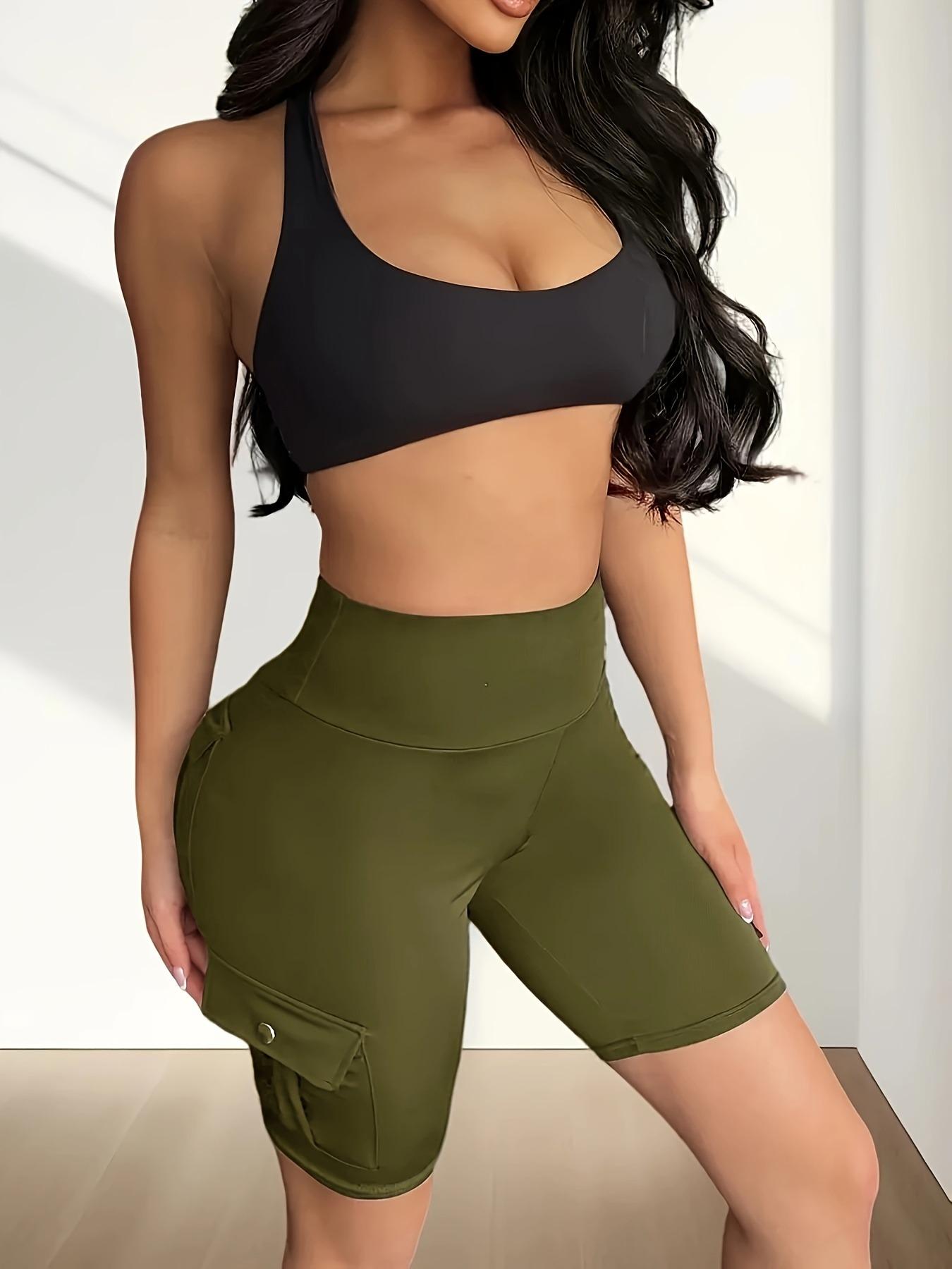 Women's High Waist Pocket Shorts, Slim-Fit Elastic Running Pants, Casual Spring & Fall Outdoor Sports Wear, Comfortable Fit