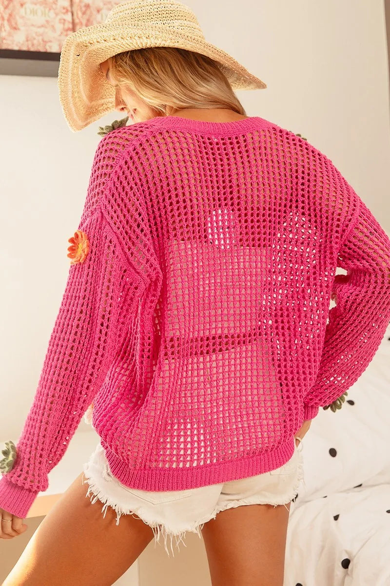 Flower Patches Open Knit Sweater Cardigan
