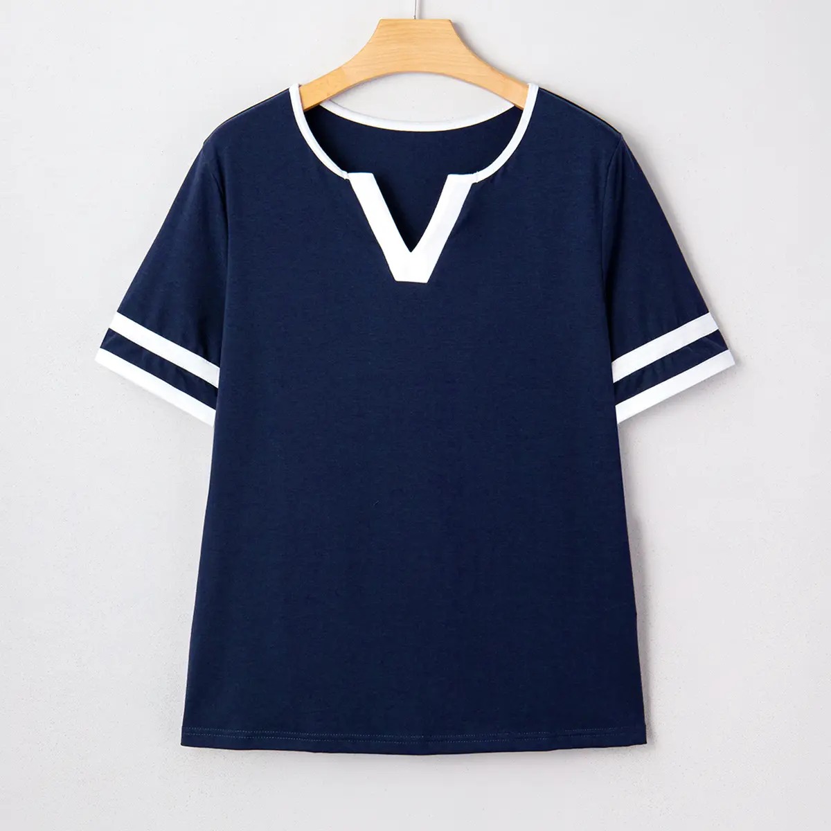 Women's V-Neck Striped Short Sleeve Top Fitted Cotton Blend Breathable Summer Daily Wear Blouse
