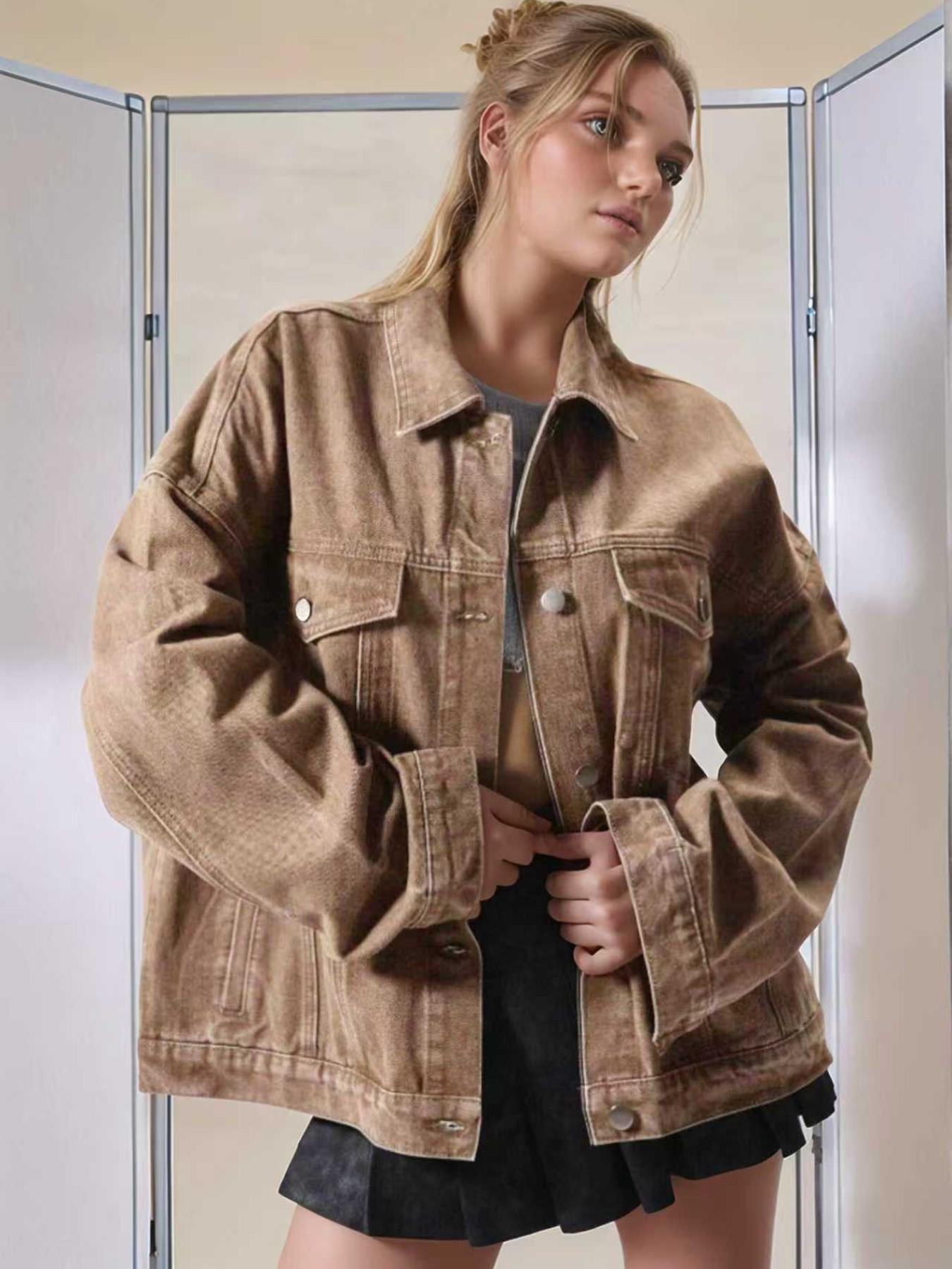 Women's Plain Basic Button-Front Drop-Shoulder Fitted Denim Jacket Coats, Casual Long-Sleeve Collared Pocket Outerwear for Daily Wear, Aesthetic Womenswear Women's Plain Basic Button-Front Drop-Shoulder Fitted Denim Jacket Coats, Casual Long-Sleeve Collared Pocket Outerwear for Daily Wear, Aesthetic Womenswear