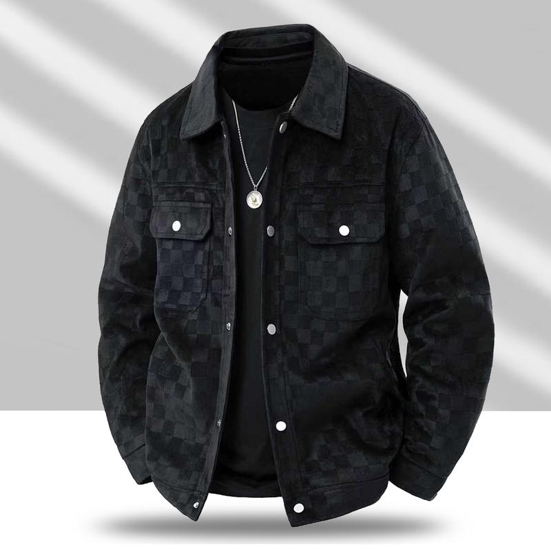 Men&rsquo;s black patterned long-sleeve jacket &mdash; menswear, men&rsquo;s clothing, featuring a front flap pocket and button closure, a stylish and practical top suitable for autumn.