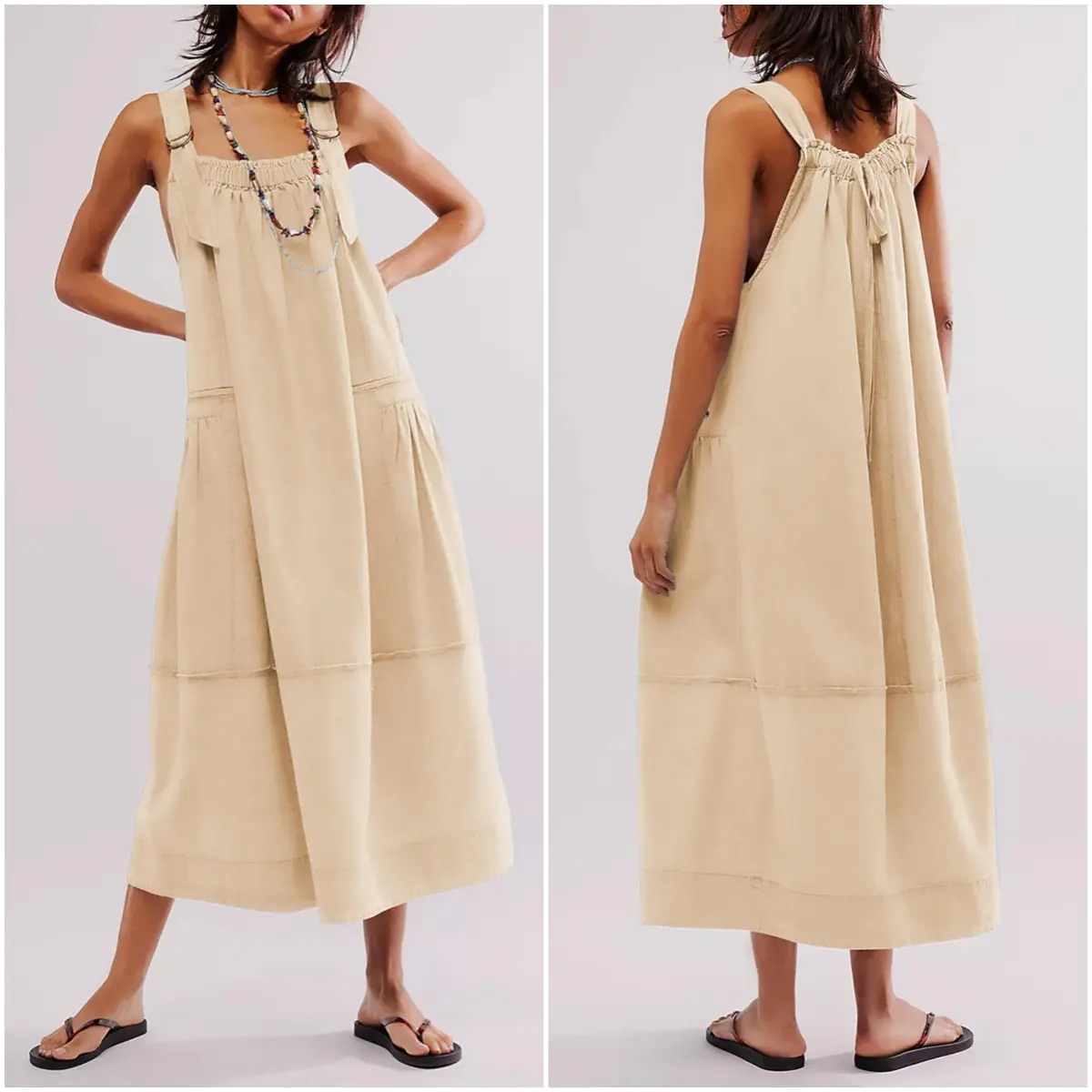 Women's Adjustable Straps Barrel Midi Dress Sleeveless Casual Midi Dress with Side Pockets for Summer Beach Vacation