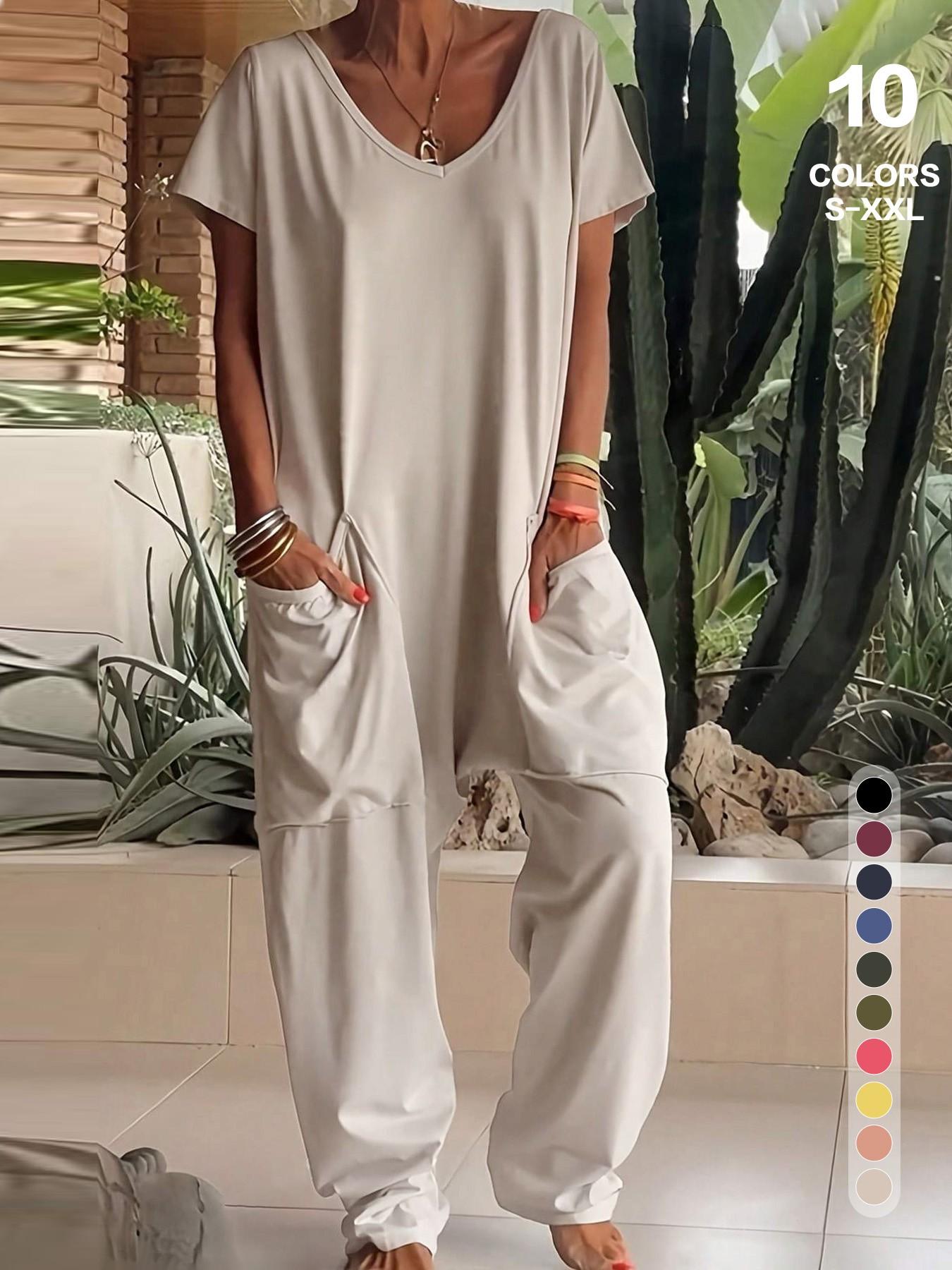 Women's Basic V-Neck Short Sleeve Jumpsuit - Casual Loose Wide Leg Romper with Pockets