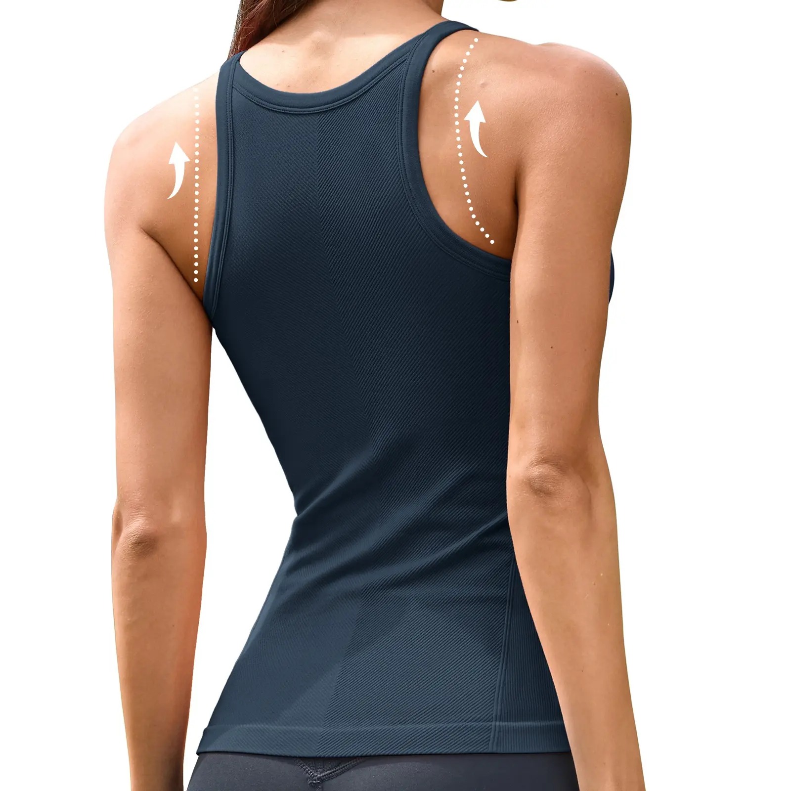 Women's Seamless Ribbed Racerback Tank Top Crew Neck Athletic Workout Camisole with Built-In Bra