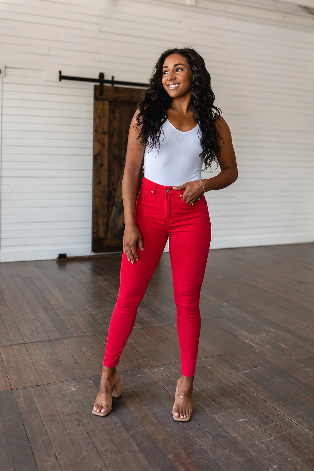 Blue Ruby High Rise Control Top Garment Dyed Skinny Jeans in Red