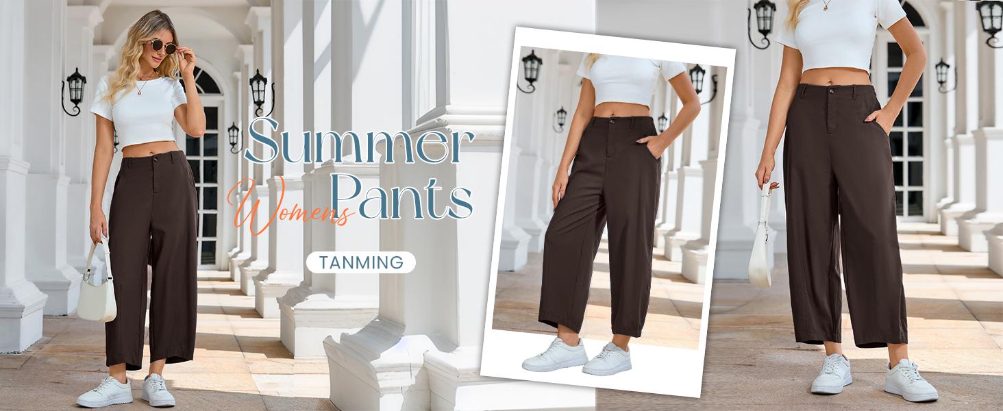 Tanming Women's Casual Baggy Linen Blend Pants, High Waisted Pull On Wide Leg Style with Pockets for Summer, Bottom, Cotton, Zip Tanming Women's Casual Baggy Linen Blend Pants, High Waisted Pull On Wide Leg Style with Pockets for Summer, Bottom, Cotton, Zip