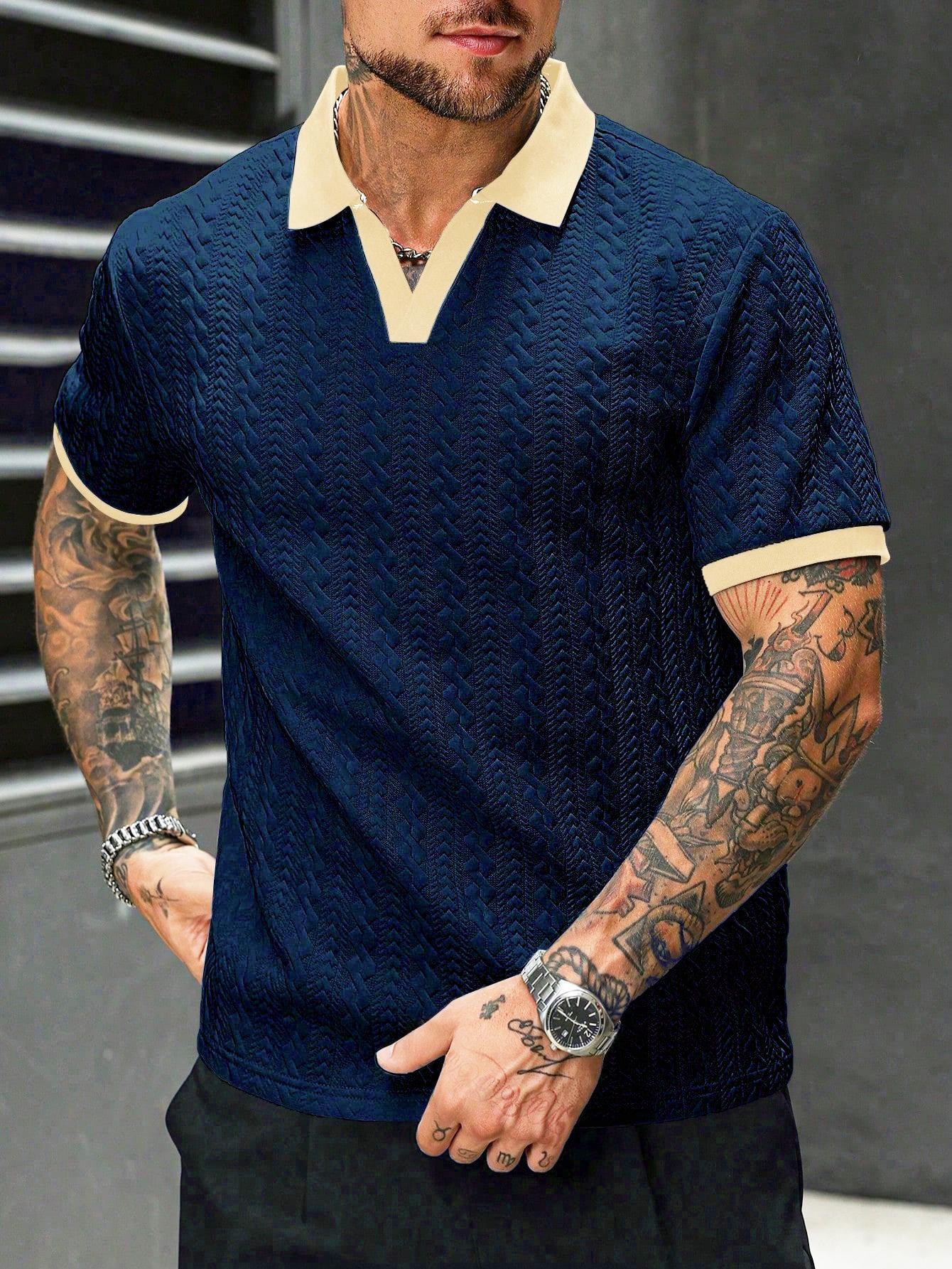CasualCool men&rsquo;s contrast color short-sleeve casual commuter polo shirt; men&rsquo;s knitted polo shirt; cream polo shirt; men&rsquo;s V-neck knitted shirt; men&rsquo;s short-sleeve sweater polo; men&rsquo;s textured polo shirt; old money style tiktokshopspringglowup,summervibes