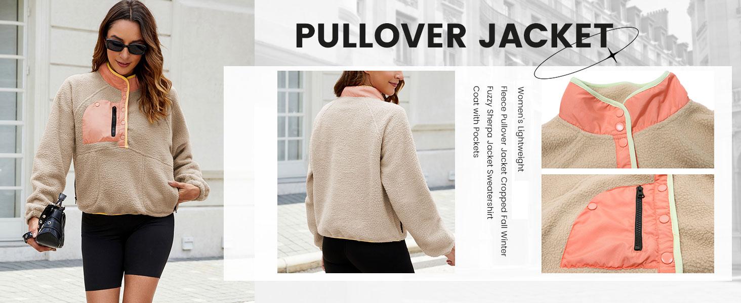 Naeduo Women's Lightweight Colorblock Fleece Jacket, Cropped Sherpa Pullover Fashion Apparel with Pockets, Soft Fleece Feels Gentle, Casual, Long Sleeve, Colorblock Pattern, Layering Ready, Clothes, Trending Clothes