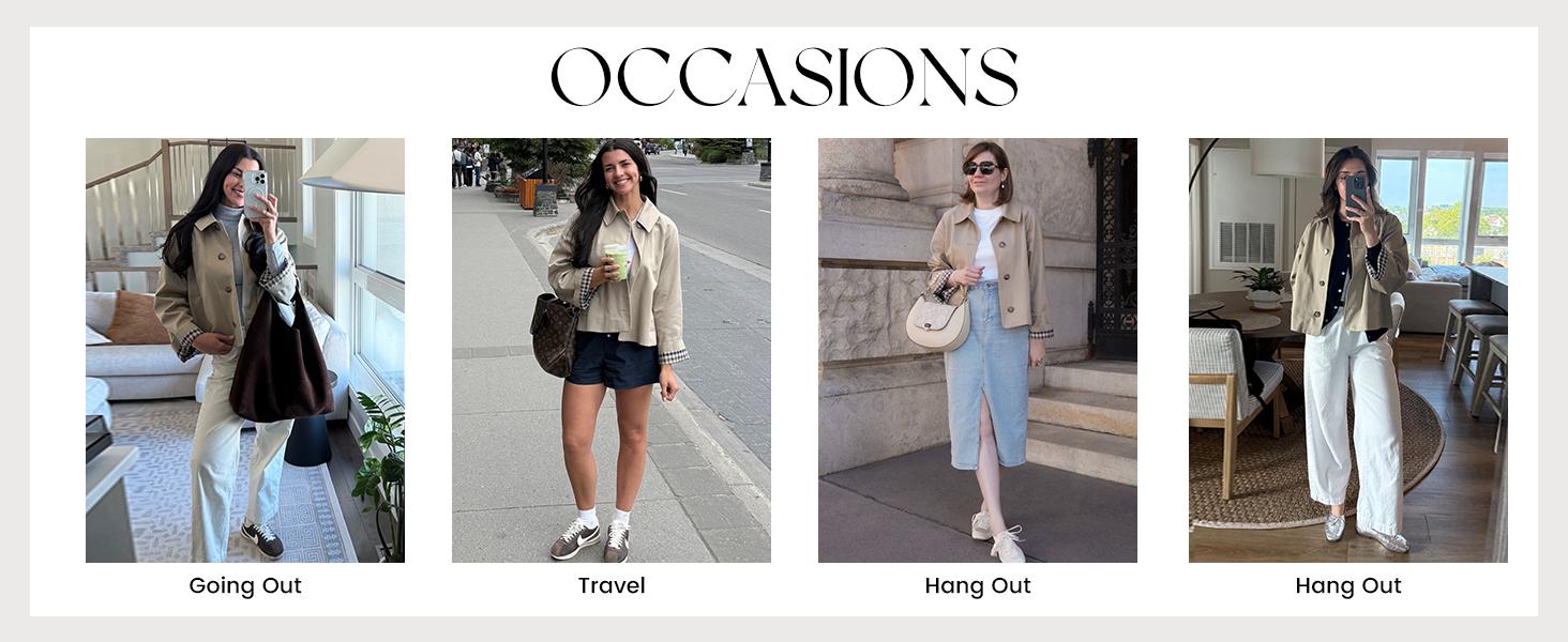 UANEO Womens Cropped Trench Coat Classic Collar Oversized Casual Jackets with Checkered Lining SummerVibes