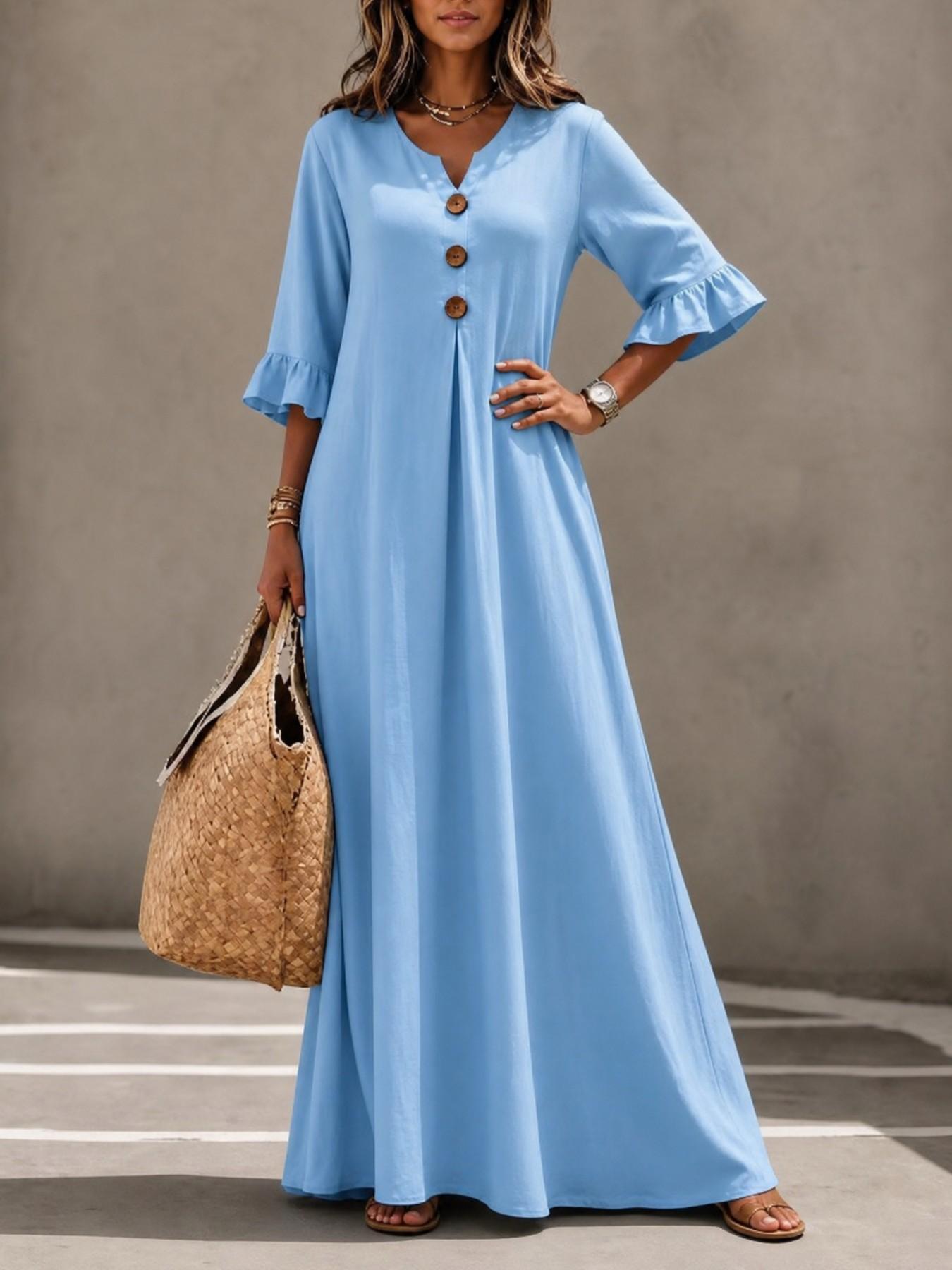 Women's Boho Aesthetic Style Solid V-Neck Dress with Wooden Buttons and Ruffle Sleeves, Loose-Fit A-Line Skirt, Fall & Winter Casual Wear Women's Boho Aesthetic Style Solid V-Neck Dress with Wooden Buttons and Ruffle Sleeves, Loose-Fit A-Line Skirt, Fall & Winter Casual Wear