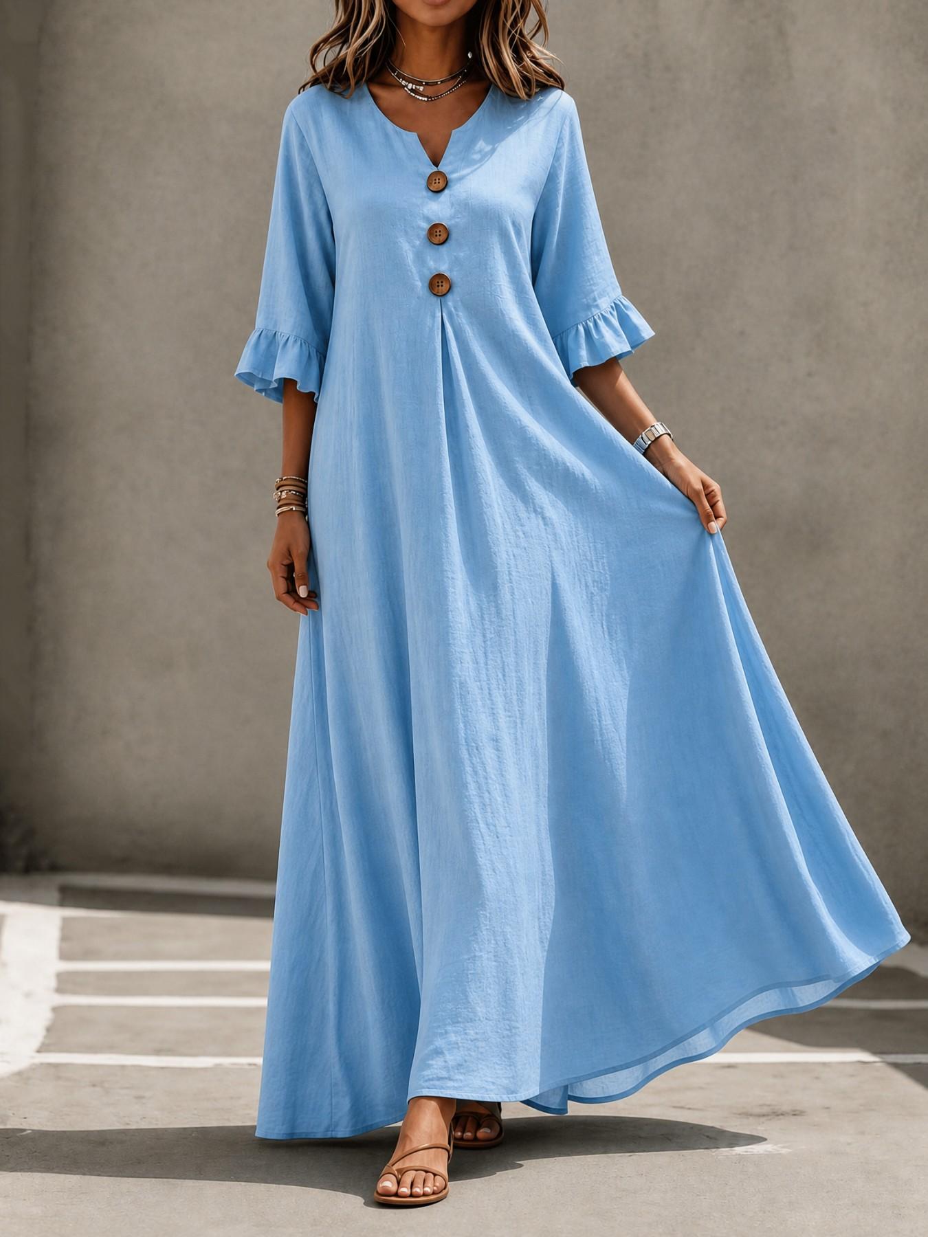 Women's Boho Aesthetic Style Solid V-Neck Dress with Wooden Buttons and Ruffle Sleeves, Loose-Fit A-Line Skirt, Fall & Winter Casual Wear Women's Boho Aesthetic Style Solid V-Neck Dress with Wooden Buttons and Ruffle Sleeves, Loose-Fit A-Line Skirt, Fall & Winter Casual Wear