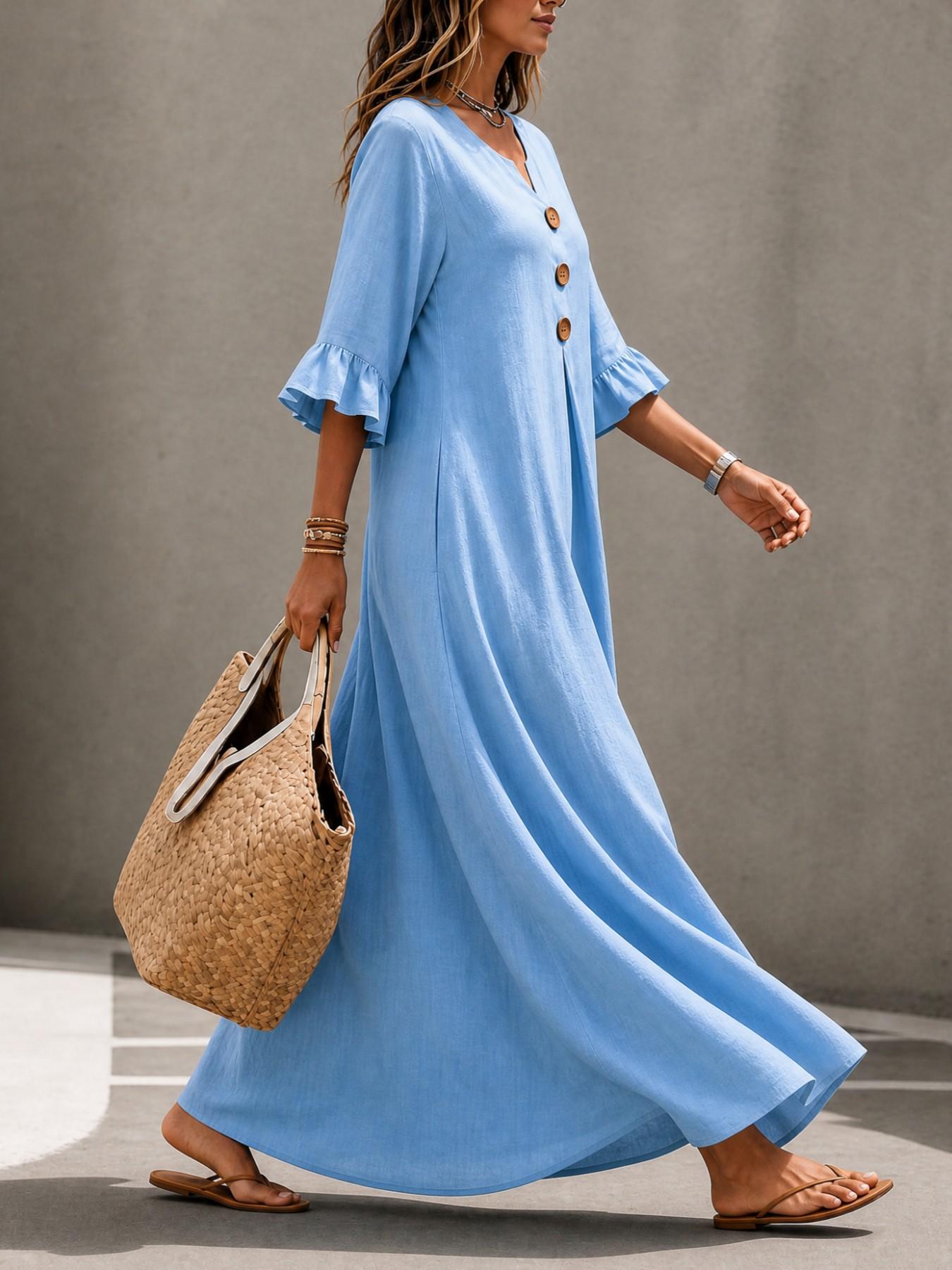 Women's Boho Aesthetic Style Solid V-Neck Dress with Wooden Buttons and Ruffle Sleeves, Loose-Fit A-Line Skirt, Fall & Winter Casual Wear Women's Boho Aesthetic Style Solid V-Neck Dress with Wooden Buttons and Ruffle Sleeves, Loose-Fit A-Line Skirt, Fall & Winter Casual Wear
