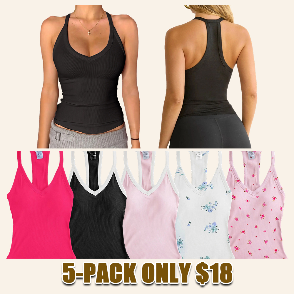 Women's V-Neck Ribbed Racerback Tank Top Fitted Longline Padded Athletic Casual Cami Top