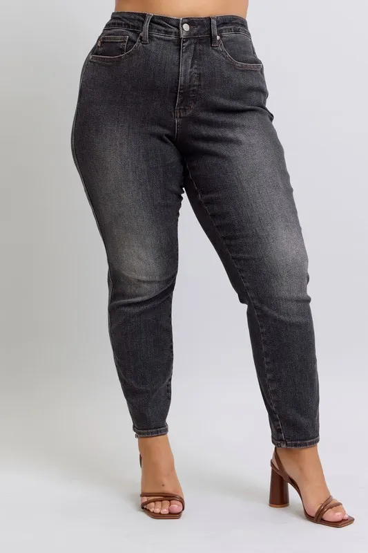 Blue Full Size Midi Rise Tummy Control Slim Jeans Plus Size