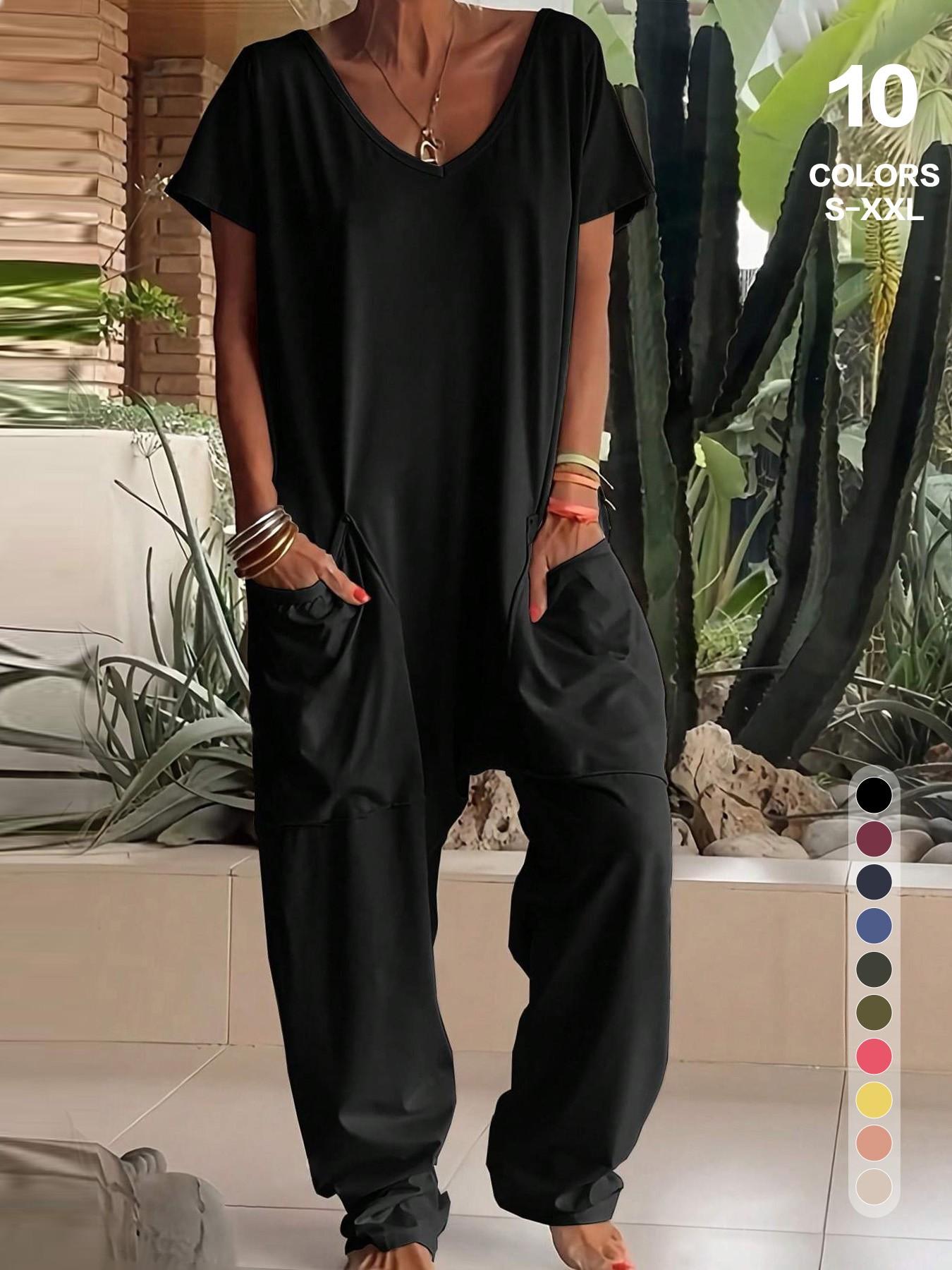 Women's Basic V-Neck Short Sleeve Jumpsuit - Casual Loose Wide Leg Romper with Pockets