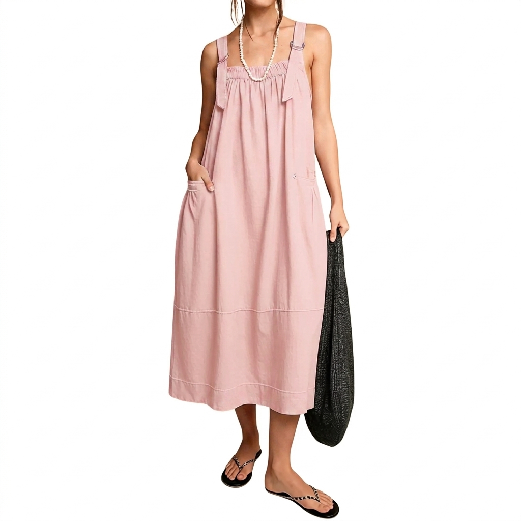 Women's Adjustable Straps Barrel Midi Dress Sleeveless Casual Midi Dress with Side Pockets for Summer Beach Vacation