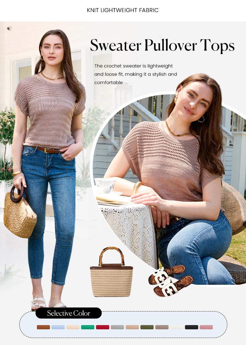 Shewin Women's Hollow Out Knit Sweater, Short Sleeve Crew Neck Pullover, Casual & Minimalist Style, Soft Acrylic Fabric, Summer Wear,back to school,back to school shopping,clothes for back to school,first day of school outfits