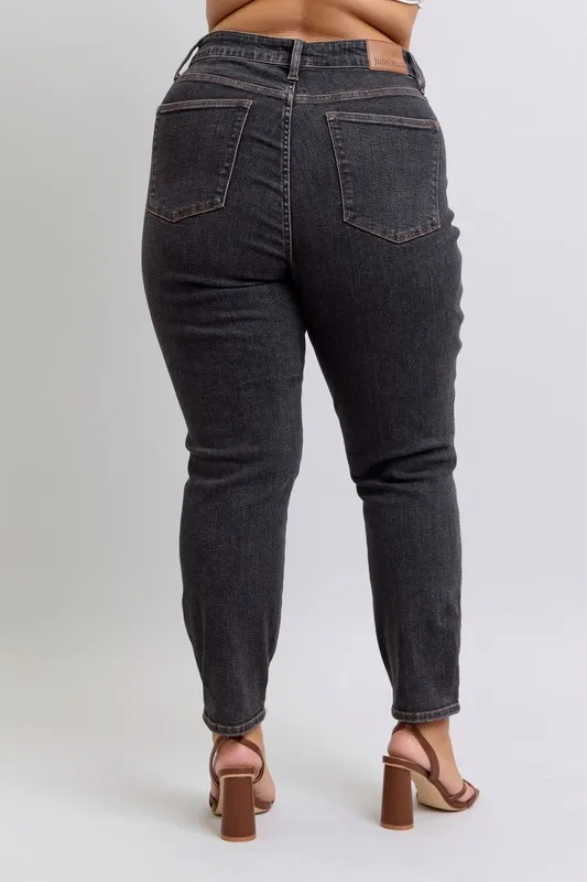Blue Full Size Midi Rise Tummy Control Slim Jeans Plus Size