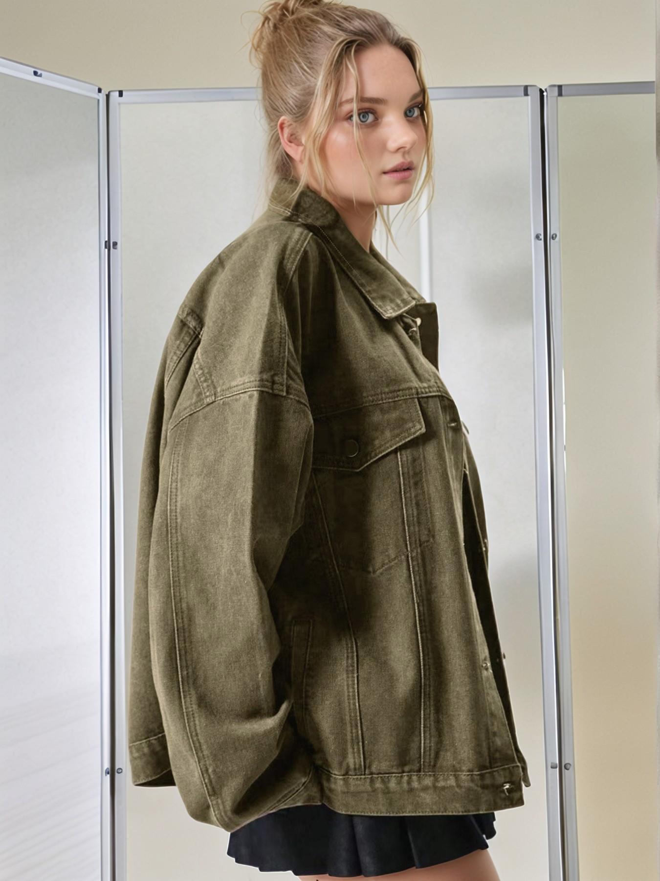 Women's Plain Basic Button-Front Drop-Shoulder Fitted Denim Jacket Coats, Casual Long-Sleeve Collared Pocket Outerwear for Daily Wear, Aesthetic Womenswear Women's Plain Basic Button-Front Drop-Shoulder Fitted Denim Jacket Coats, Casual Long-Sleeve Collared Pocket Outerwear for Daily Wear, Aesthetic Womenswear