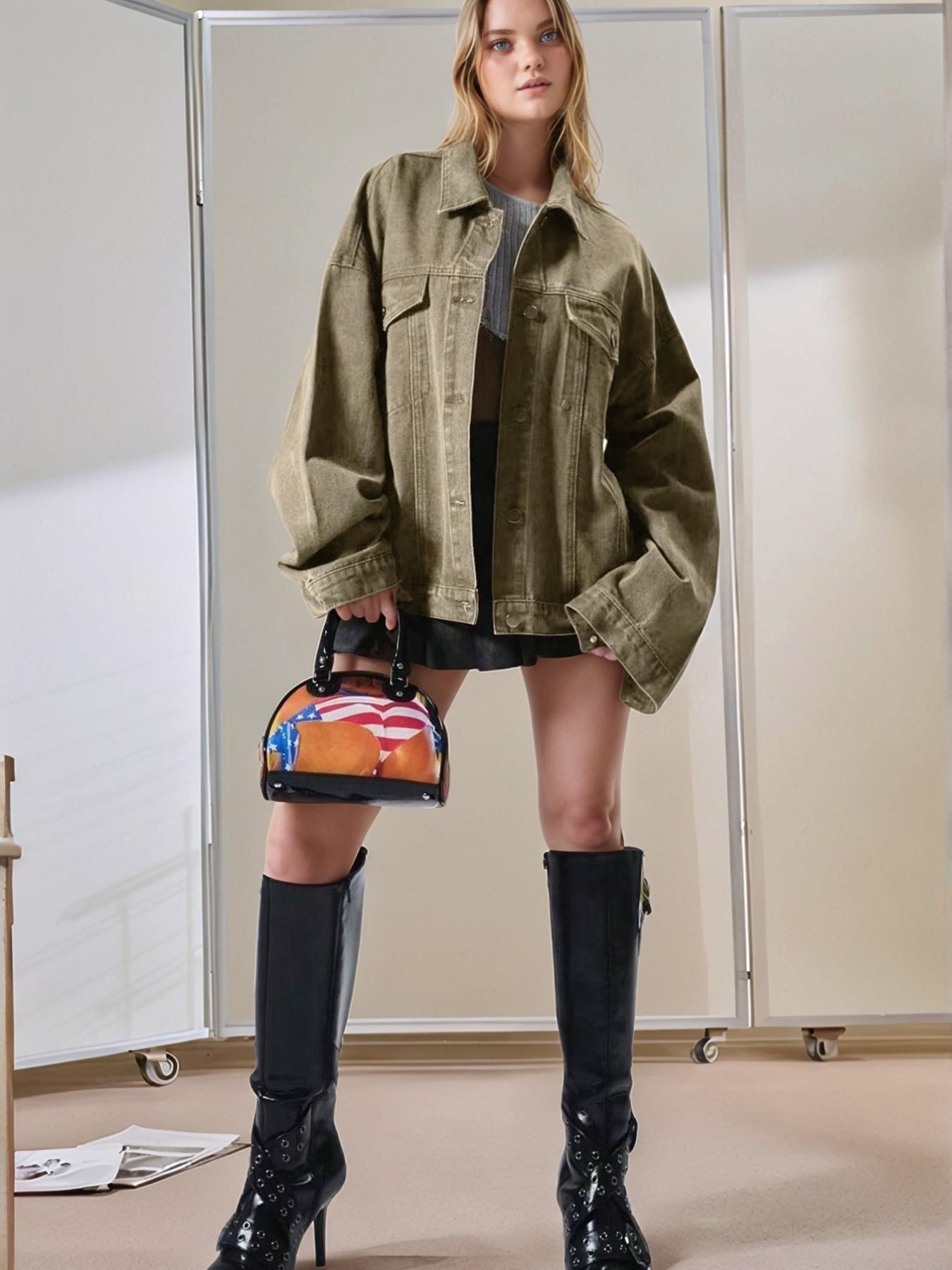 Women's Plain Basic Button-Front Drop-Shoulder Fitted Denim Jacket Coats, Casual Long-Sleeve Collared Pocket Outerwear for Daily Wear, Aesthetic Womenswear Women's Plain Basic Button-Front Drop-Shoulder Fitted Denim Jacket Coats, Casual Long-Sleeve Collared Pocket Outerwear for Daily Wear, Aesthetic Womenswear