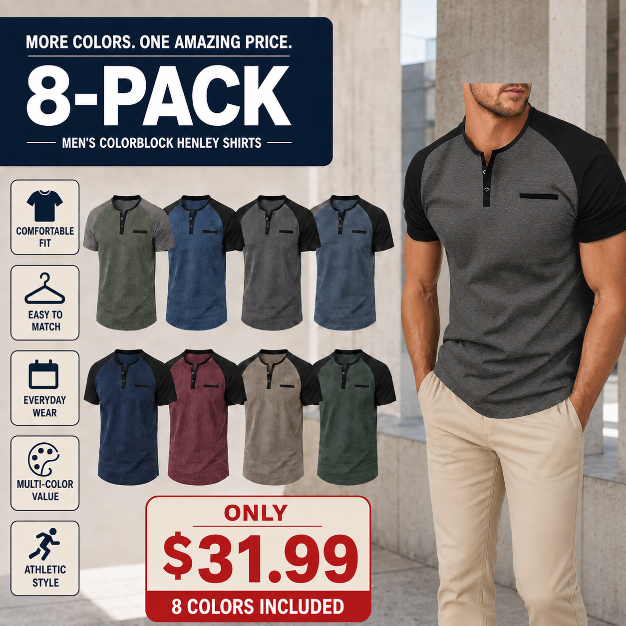 Men's Cotton Henley Short Sleeve Casual T-Shirts
