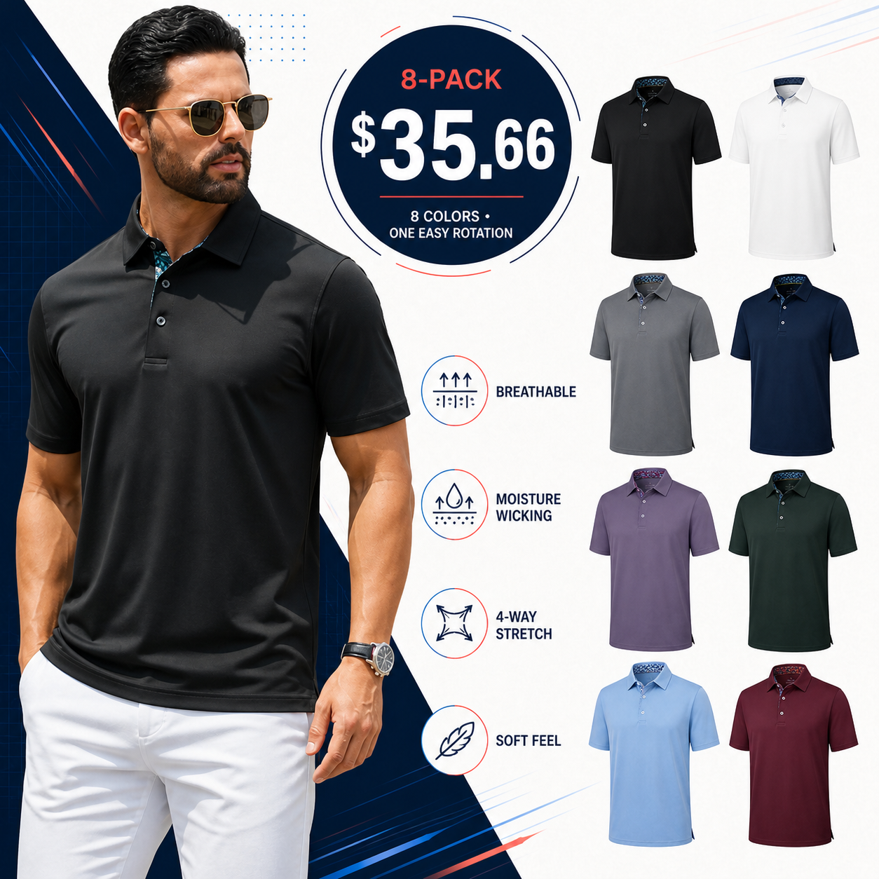 Men's Polo Shirts – Soft Breathable Cotton, Comfortable Short Sleeve Casual Fit, Classic Collared Polo Shirts for Work, Golf, Travel & Everyday Wear