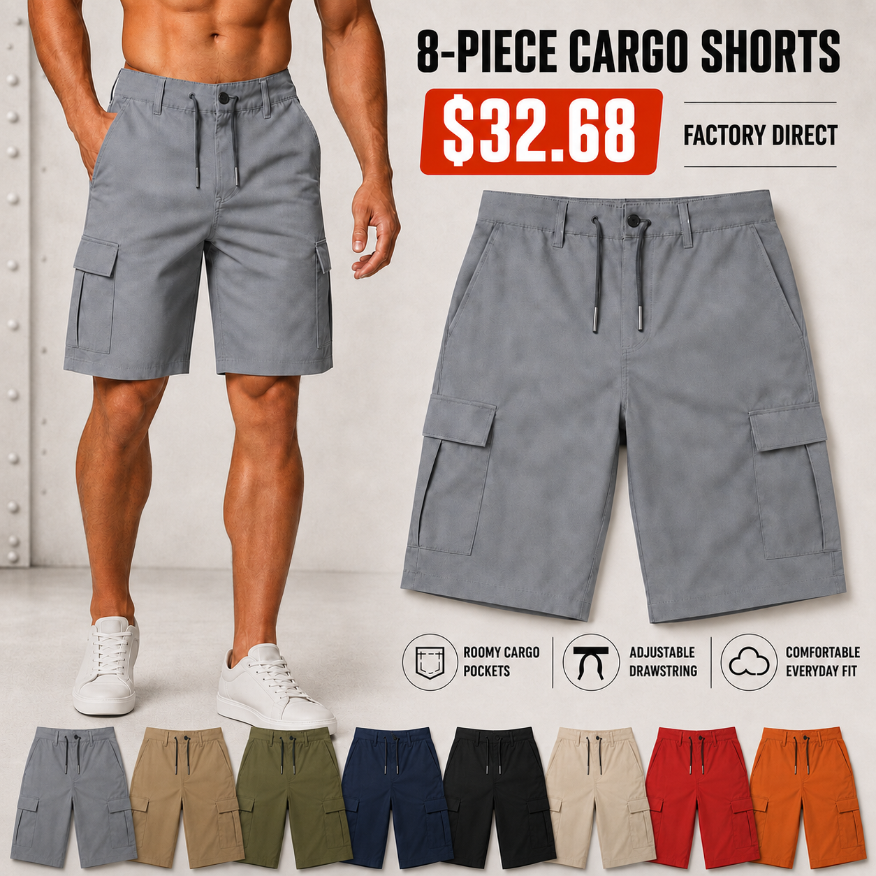 Men's Drawstring Cargo Shorts Multi-Pack