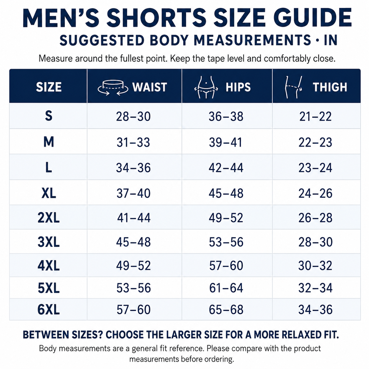 Men's solid shorts size guide