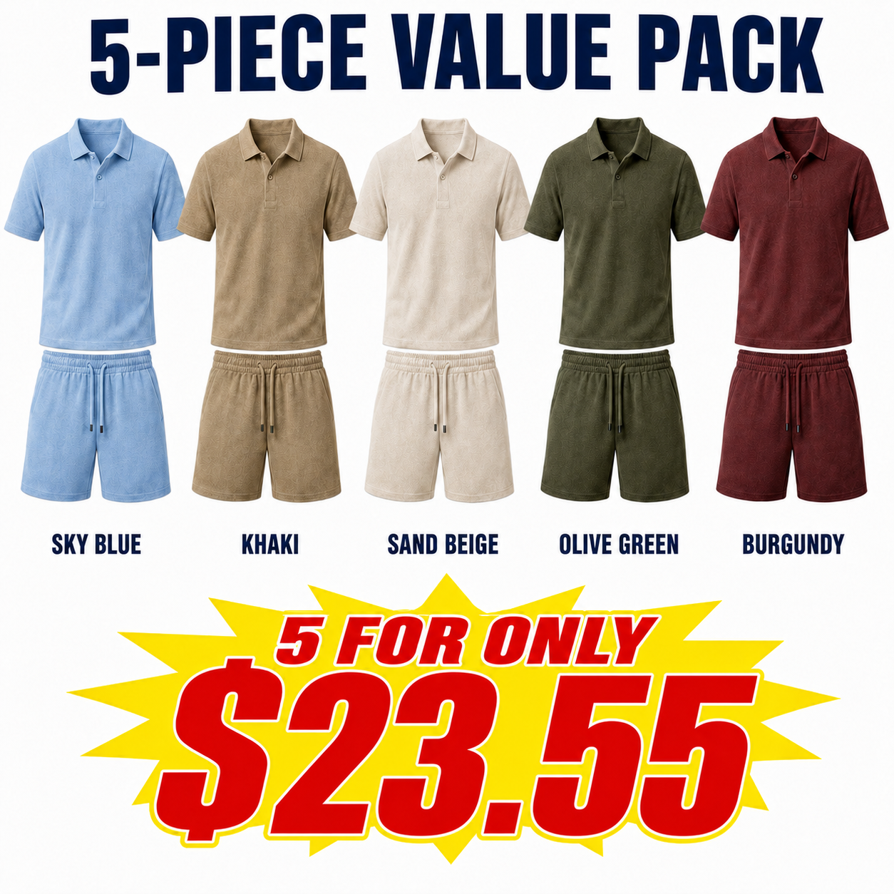 Men’s Textured Jacquard Polo Shirt & Drawstring Shorts Set