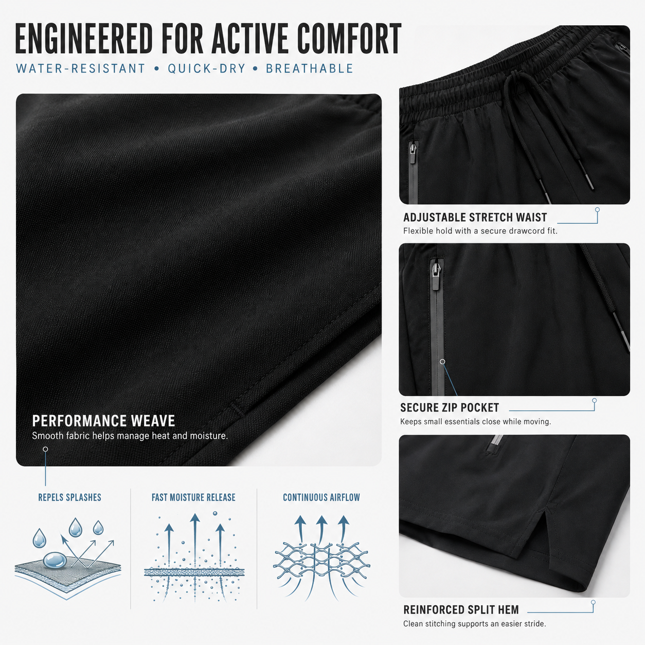 Athletic shorts fabric and construction details