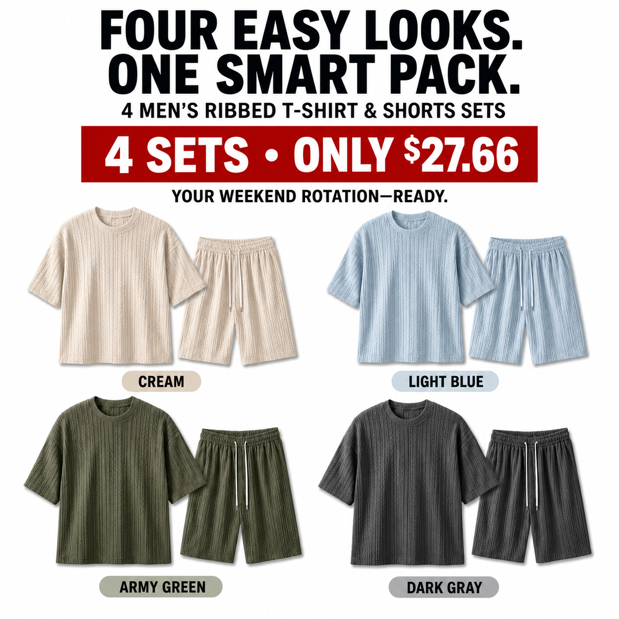 Men's Loose Fit 2-Piece Summer Set, Oversized Textured Tee with Relaxed Fit Drawstring Shorts