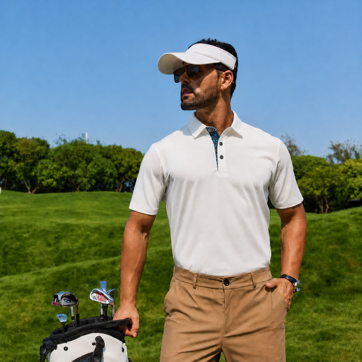 Man wearing the white polo outdoors