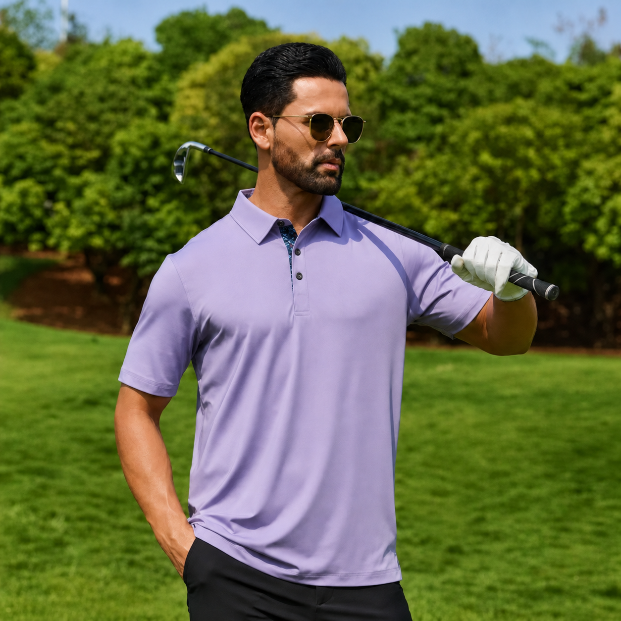 Man wearing the muted purple polo outdoors