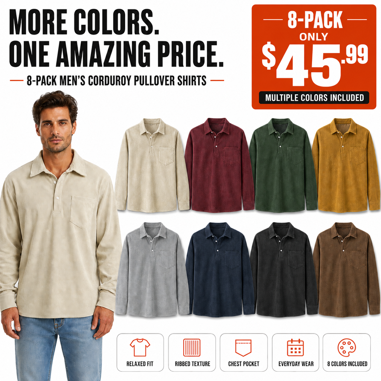 Men's Plain Pocket Half Button Corduroy Shirt, Casual Comfy Regular Fit Long Sleeve Collared Top For Fall & Winter, Men's Clothes For Daily Wear