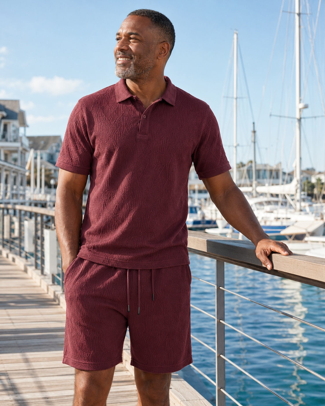   Men’s Textured Jacquard Polo Shirt & Drawstring Shorts Set