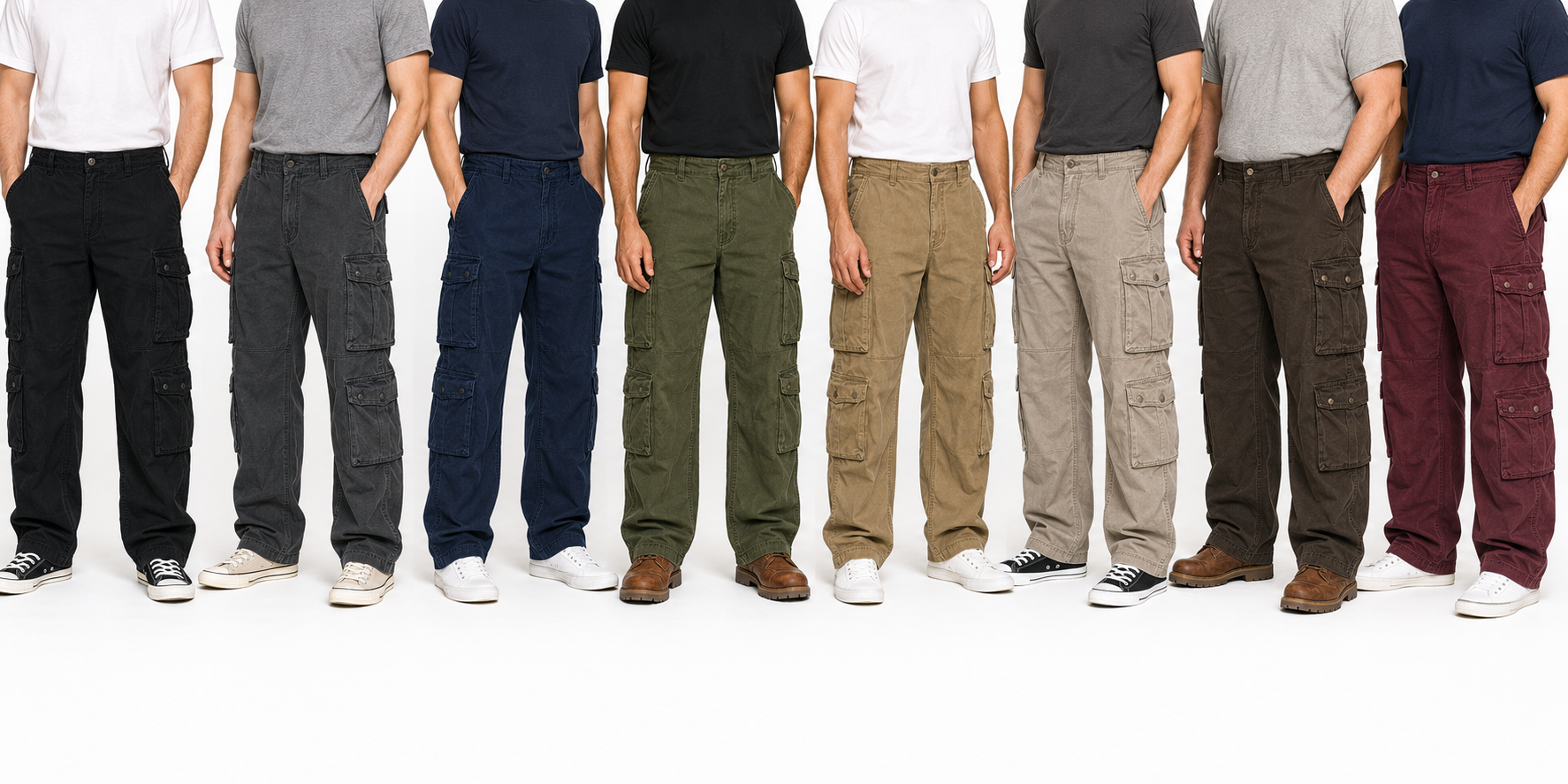 Ten models wearing utility cargo pants in different colors