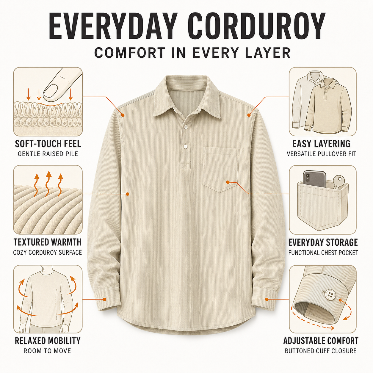 Men's Plain Pocket Half Button Corduroy Shirt, Casual Comfy Regular Fit Long Sleeve Collared Top For Fall & Winter, Men's Clothes For Daily Wear
