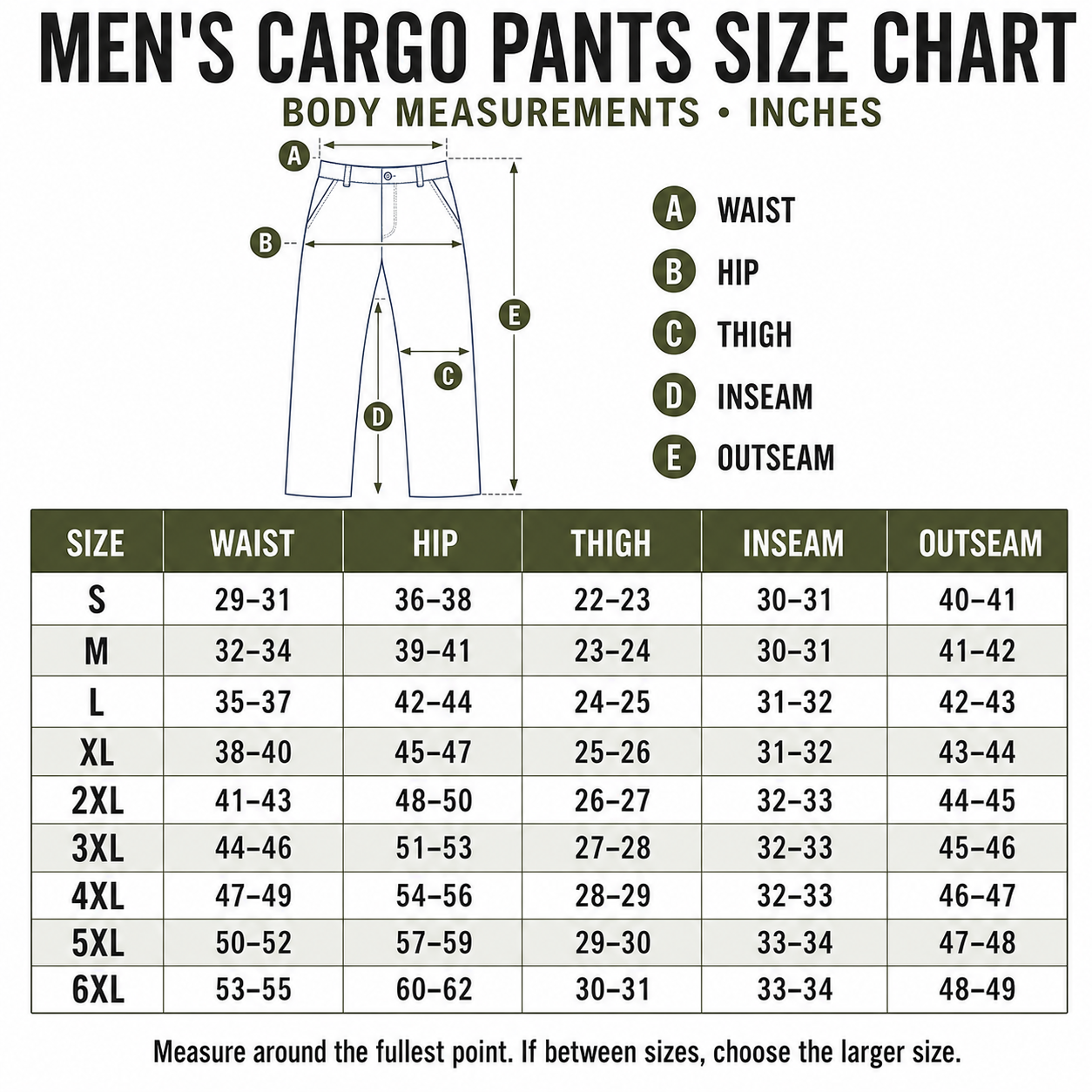 Men's utility cargo pants size guide