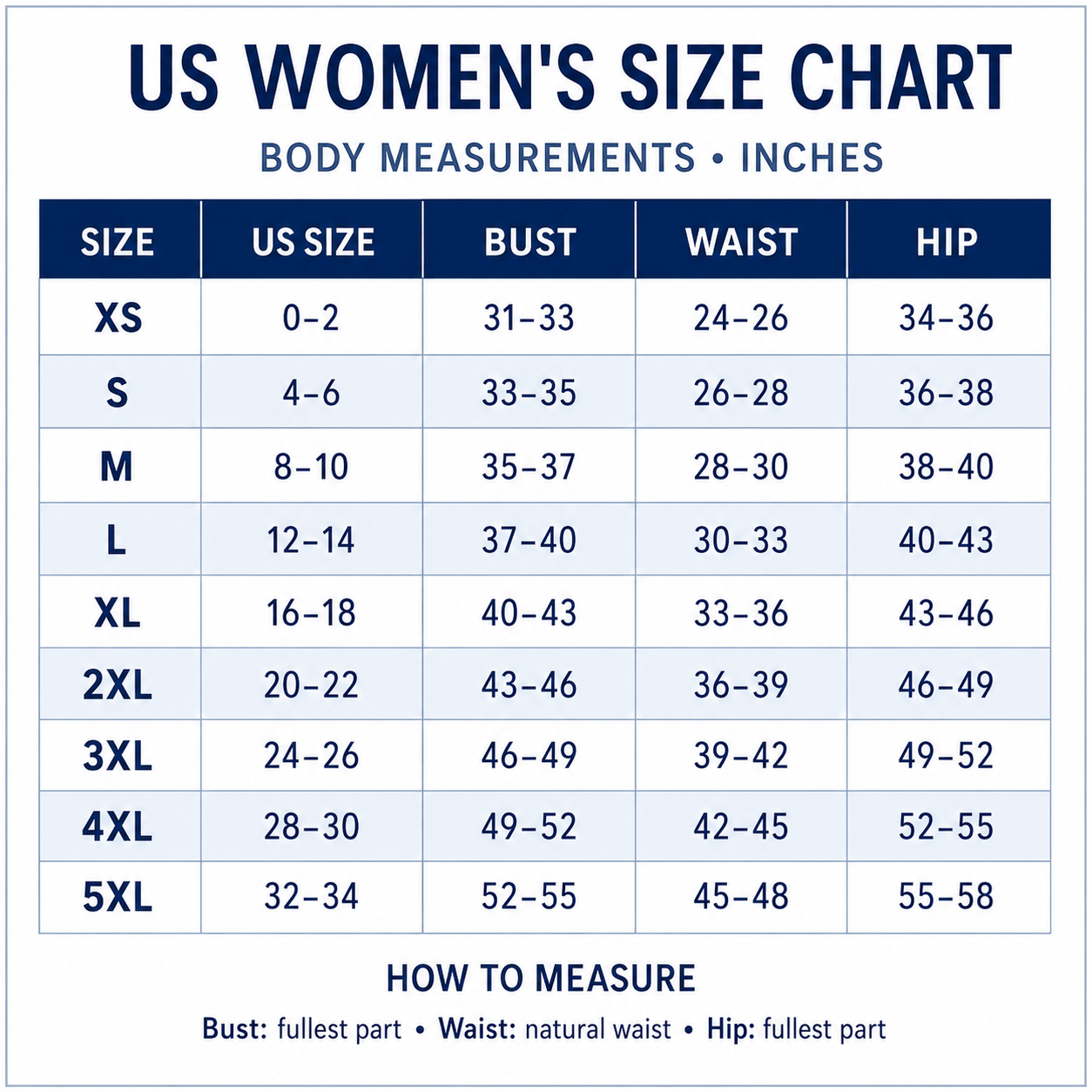 Women's size chart in inches