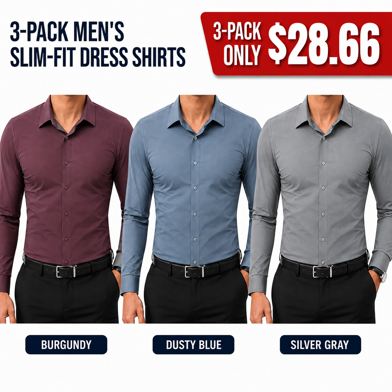 Men's Slim Fit Long Sleeve Button Down Business Casual Shirts Wrinkle Free Traveler Shirts