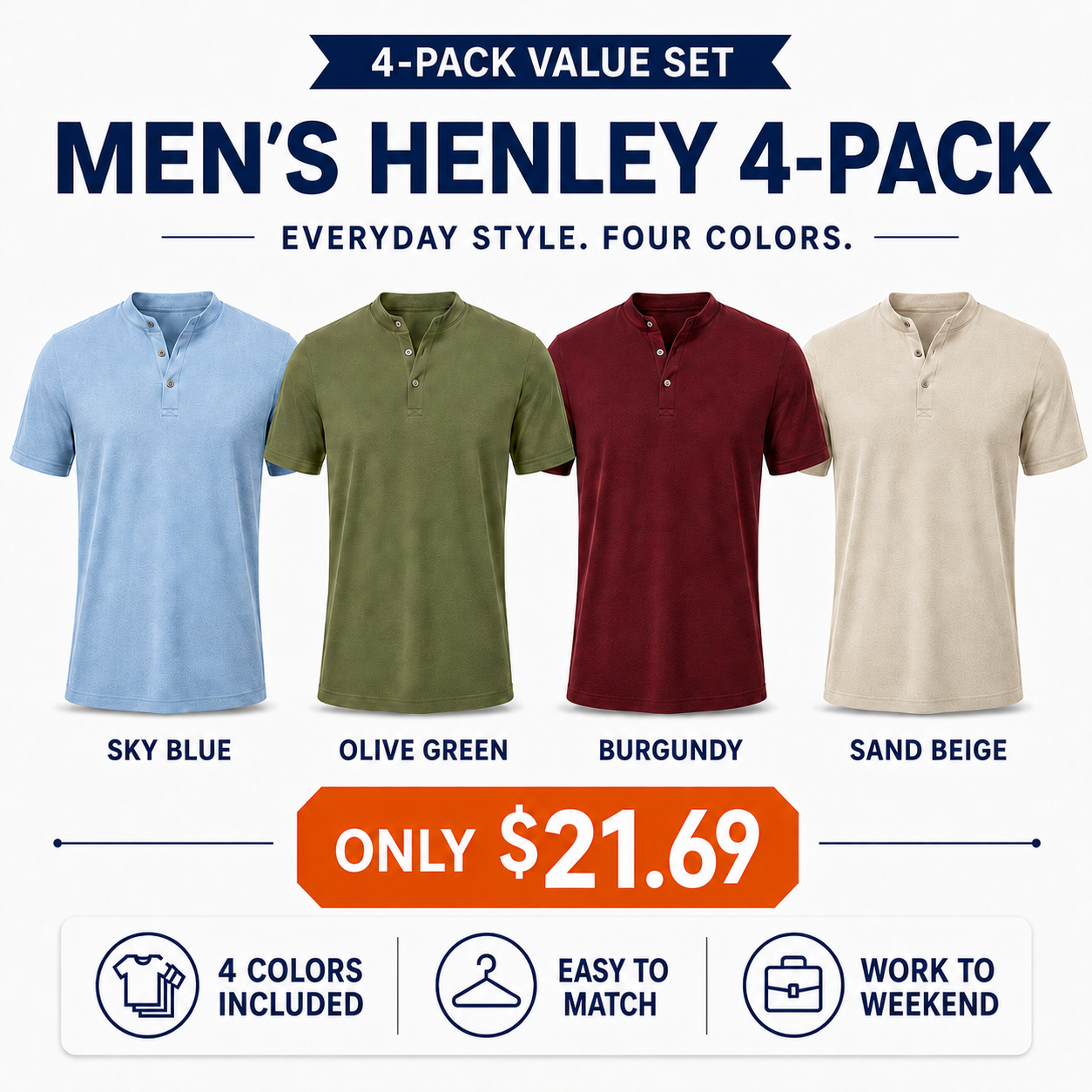Men's Short-Sleeve Henley Shirts Multi-Pack