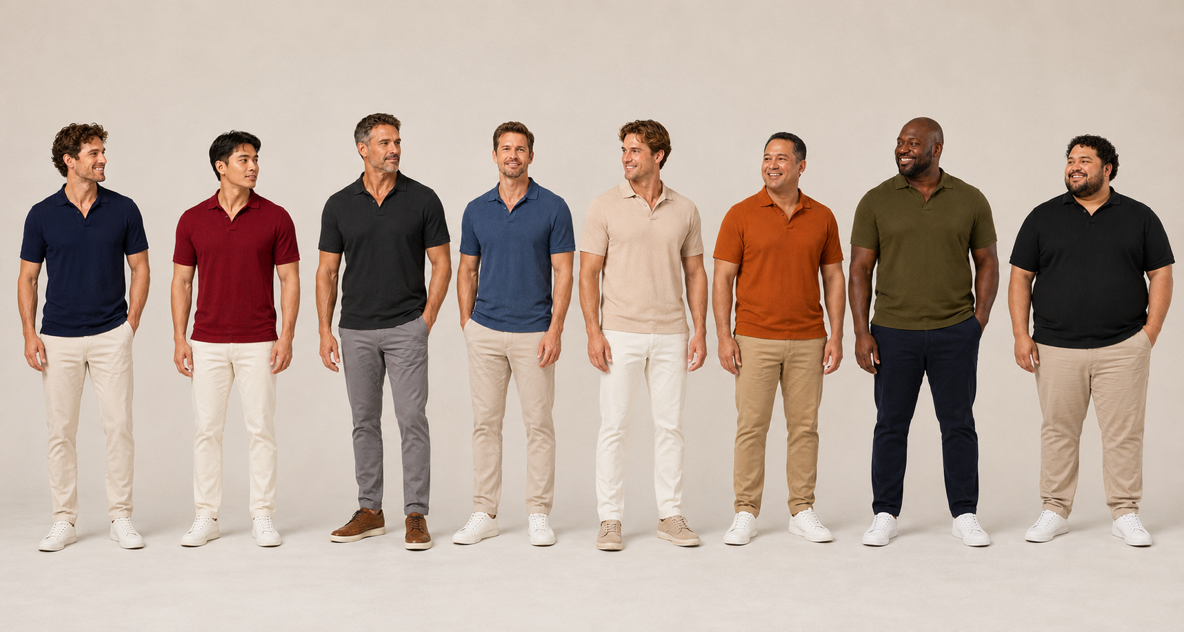 Eight men wearing the polo in different colors
